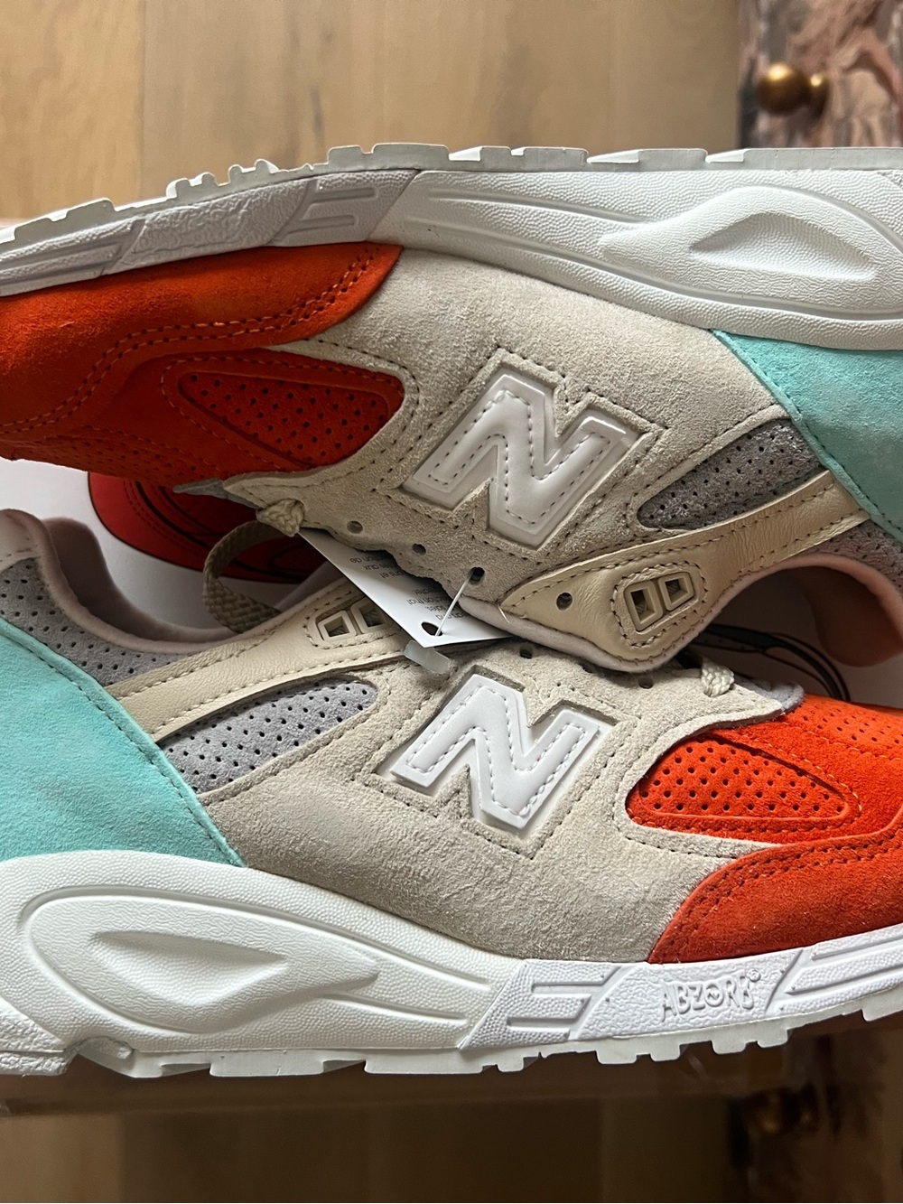 KITH x New Balance Beige Suede Sneakers with Orange & Mint Accents 8W